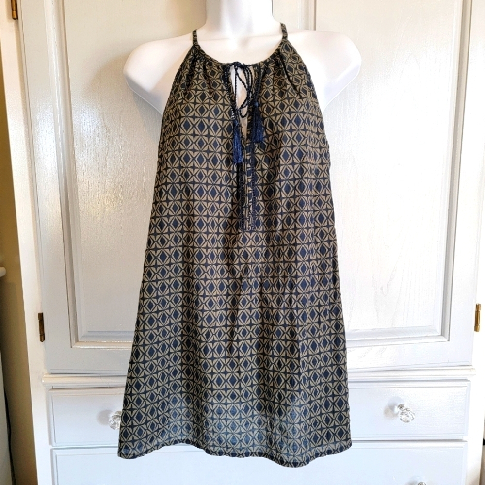 Banana Republic Blue Tan Geometric Print Sleeveless Top Tassels Size S